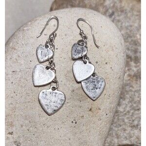 .925 Sterling Silver Hammered Heart Chain Dangle Earrings